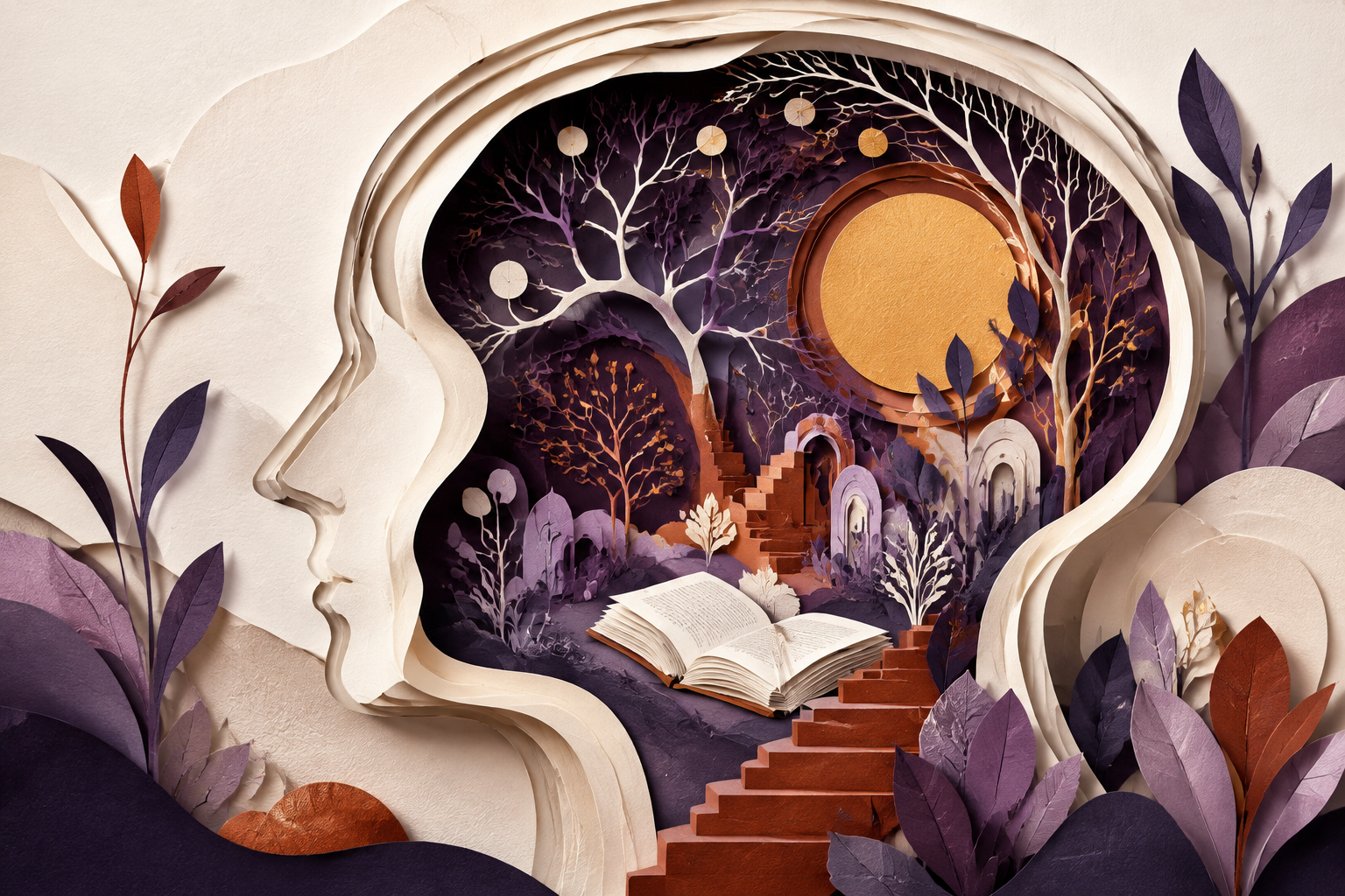Ilustración editorial: una silueta humana de papel contiene un jardín, un libro y escaleras. Metáfora del aprendizaje, no un diagrama anatómico.