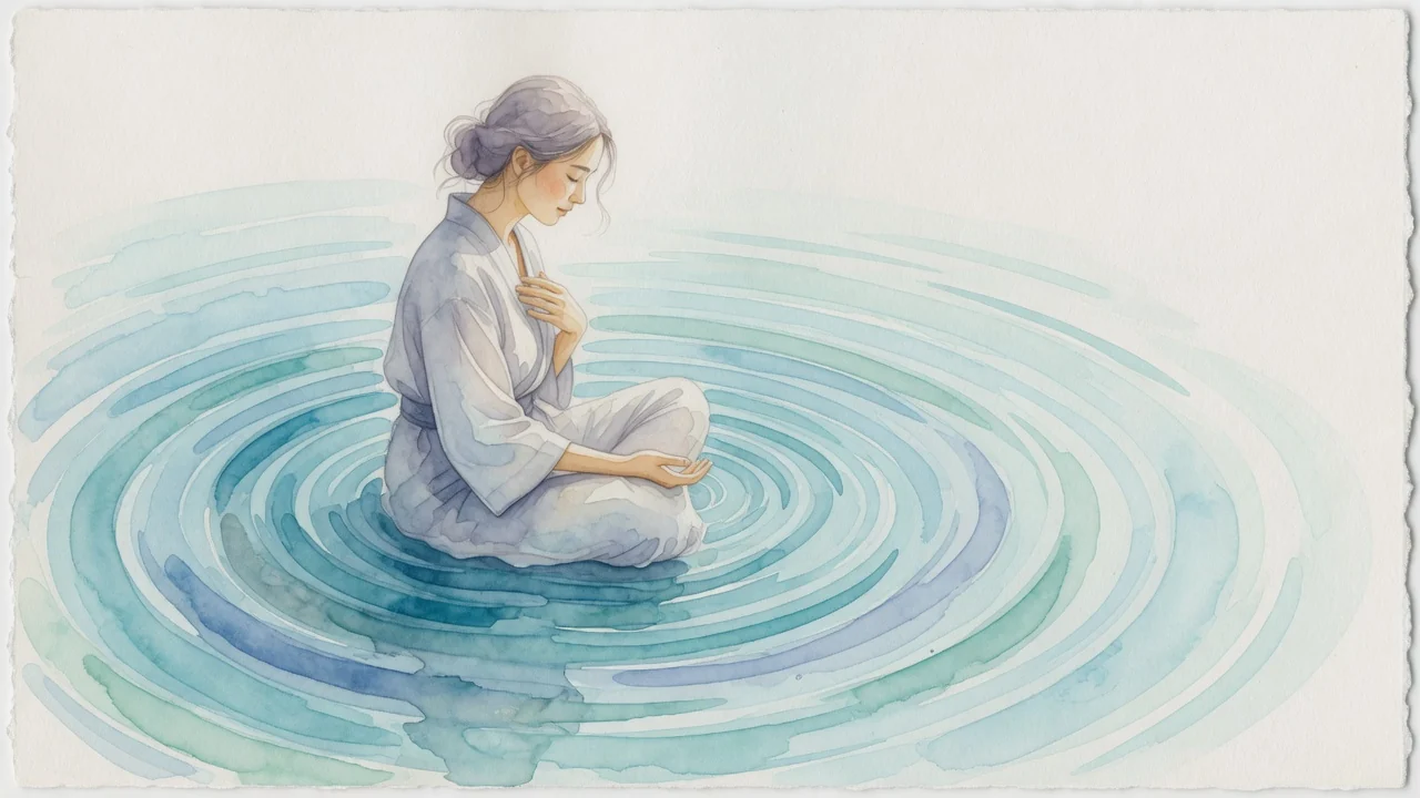 Ilustración en acuarela de una figura serena rodeada de ondas suaves que se calman, símbolo de la ansiedad que se mide y se entiende