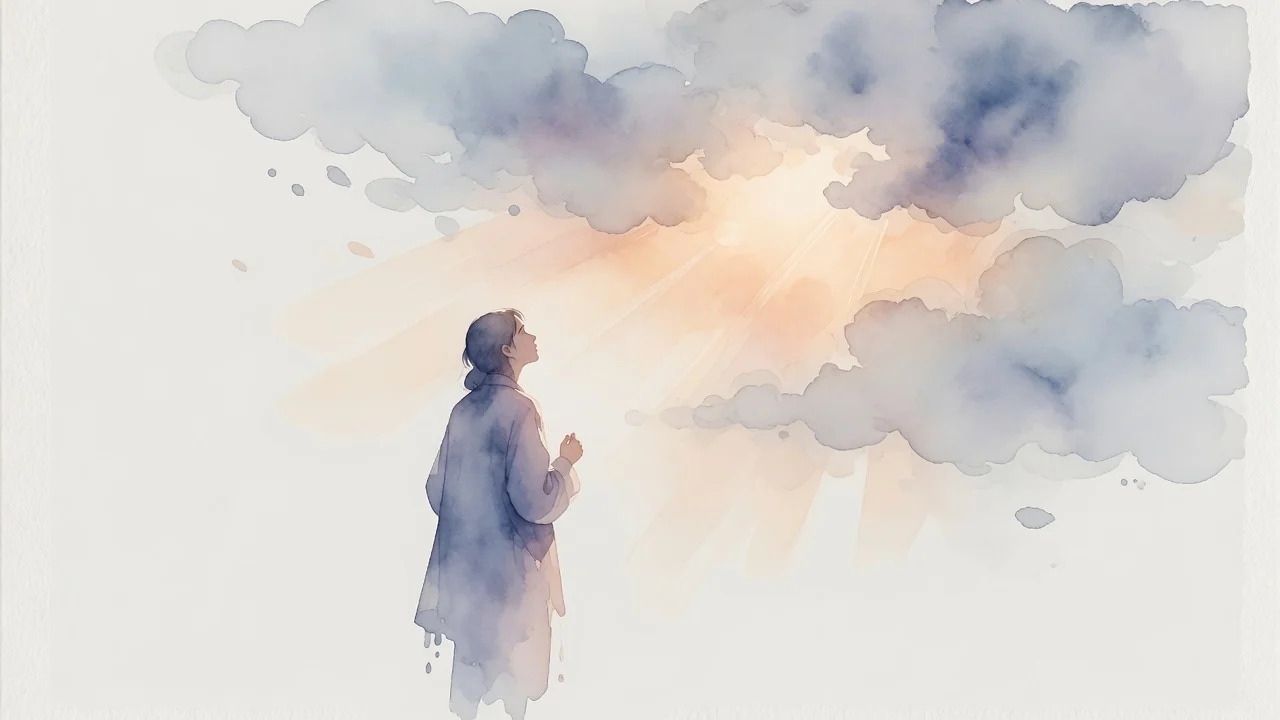 Ilustración en acuarela de una figura que mira hacia una luz suave entre nubes grises, símbolo del ánimo que se mide y se cuida