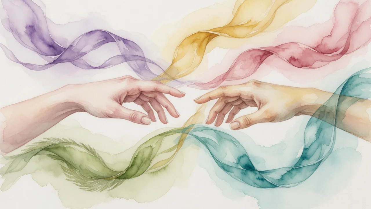 Ilustración en acuarela de dos manos que se acercan rodeadas de cinco trazos de color, uno por cada lenguaje del amor