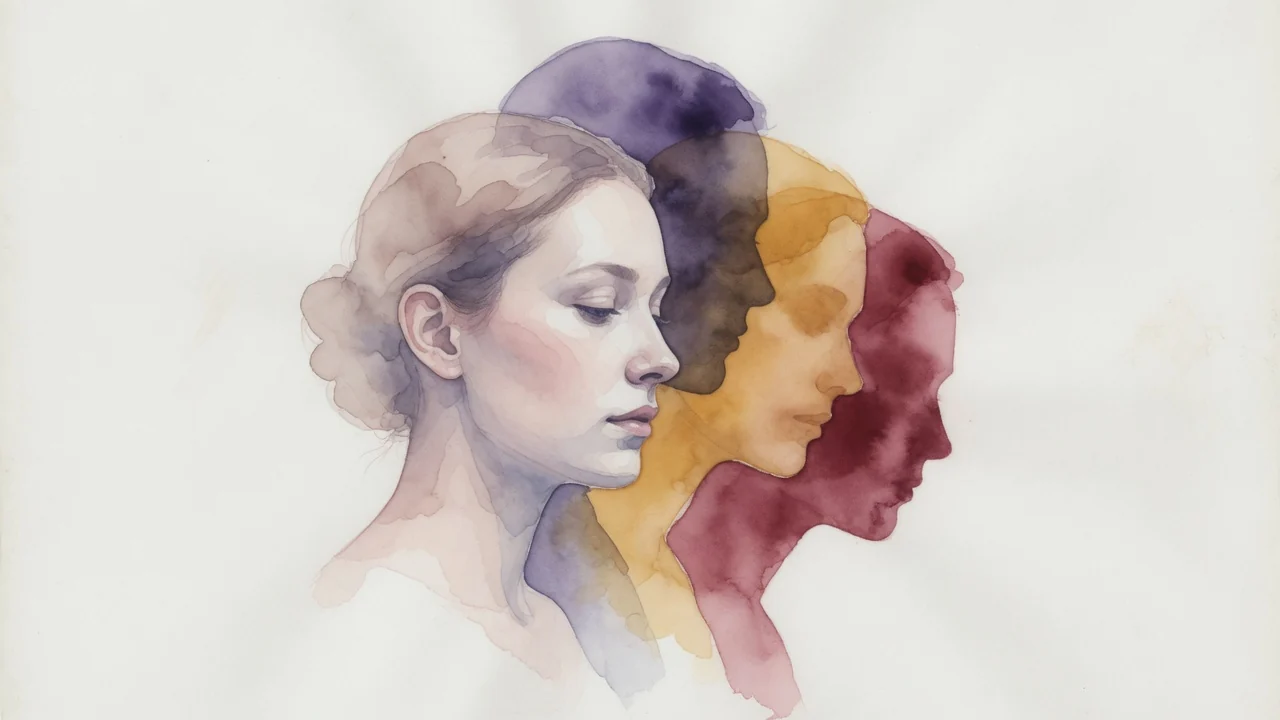 Ilustración en acuarela de un rostro dividido en tres sombras de color violeta, dorado y rojo, una por cada rasgo de la tríada oscura