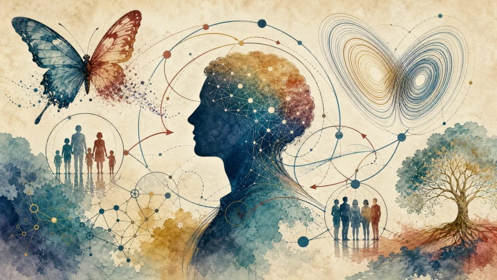Mapa conceptual de teoría del caos aplicada a psicología con atractores, efecto mariposa, sistema humano y redes complejas