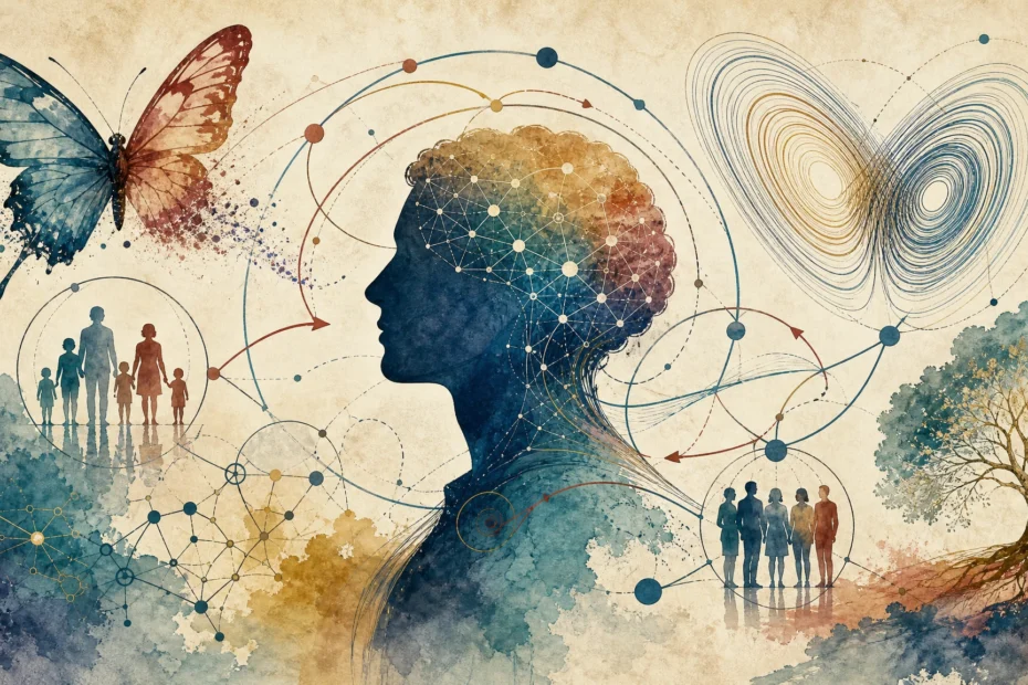 Mapa conceptual de teoría del caos aplicada a psicología con atractores, efecto mariposa, sistema humano y redes complejas