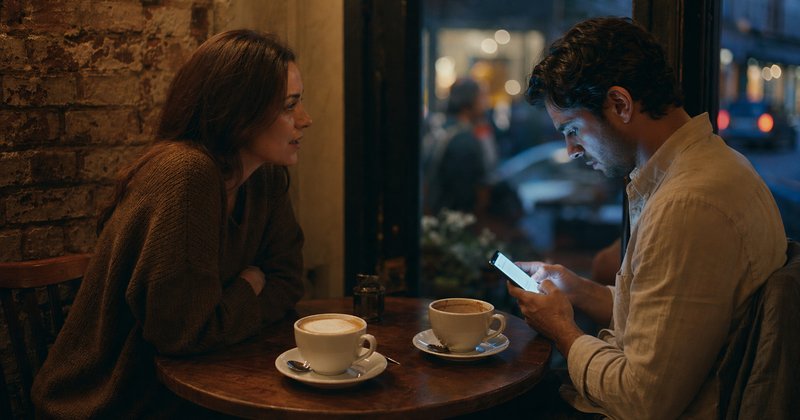 Café en mesa: mujer hablando inclinada hacia adelante, hombre mira al móvil bajo luz azul fría