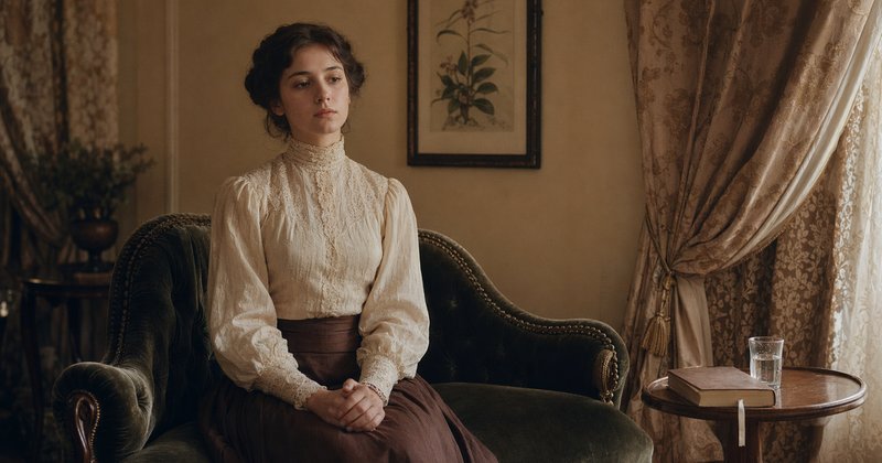 Joven vienesa de 1880 sentada en chaise longue verde, blusa de encaje cream, mirada ausente y manos cruzadas tensas — retrato de los síntomas conversivos de Bertha Pappenheim