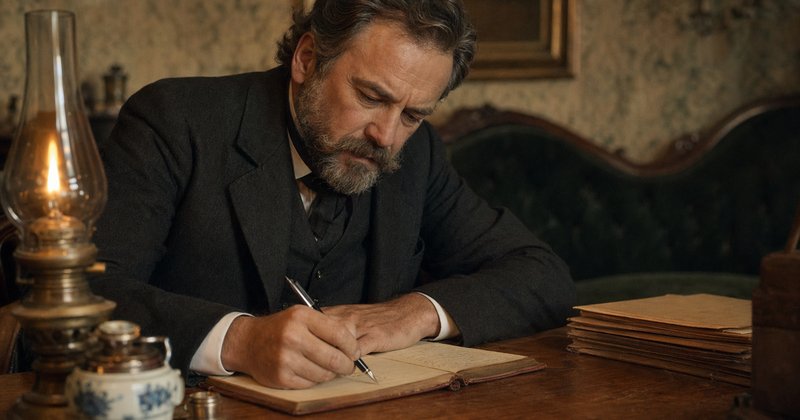Médico barbudo de la Viena fin-de-siècle escribe notas clínicas con pluma en cuaderno de cuero, iluminado por lámpara de aceite — Josef Breuer registrando el caso