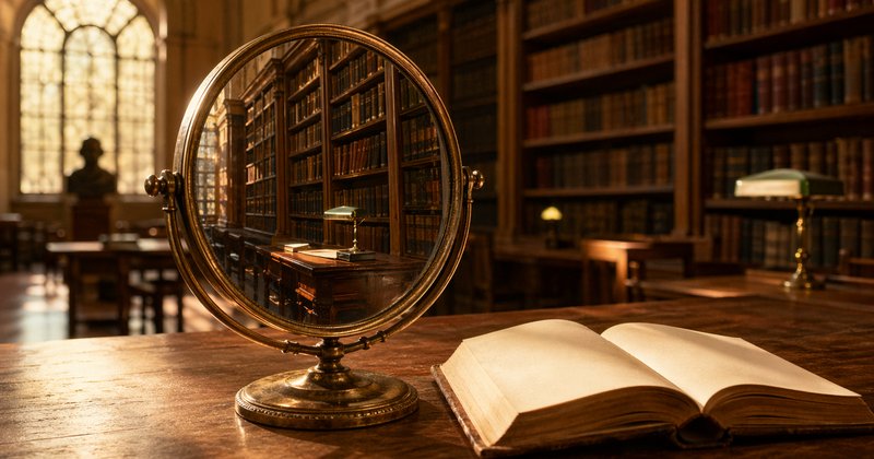 Espejo circular brass antiguo en biblioteca académica refleja una estantería idéntica creando recursión visual — paradoja de la autorreferencia en el construccionismo