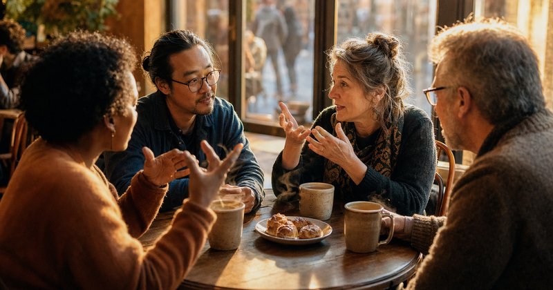Cuatro adultos de edades y etnicidades distintas conversan en un café con manos gesticulando y cafés humeantes — construcción social colectiva del conocimiento según Gergen