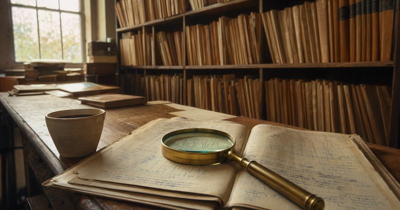 Archivo clínico vintage con carpetas amarillentas, libro abierto con marginalia y lupa brass — revisión empírica de la hipótesis etiológica original