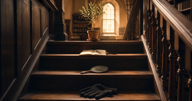Escalera de madera con cuatro escalones: guantes cerrados, espejo agrietado, diario abierto, retoño de olivo