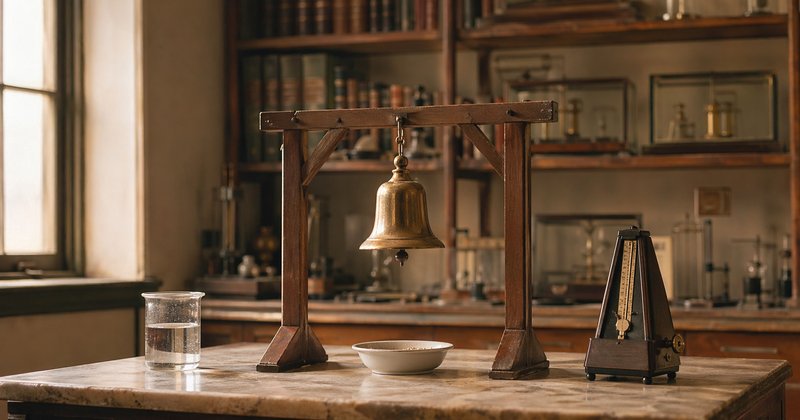 Laboratorio de fisiología clásico: campana de bronce colgada de armazón de madera sobre cuenco cerámico, beaker de vidrio y metrónomo — montaje del protocolo original de Pavlov