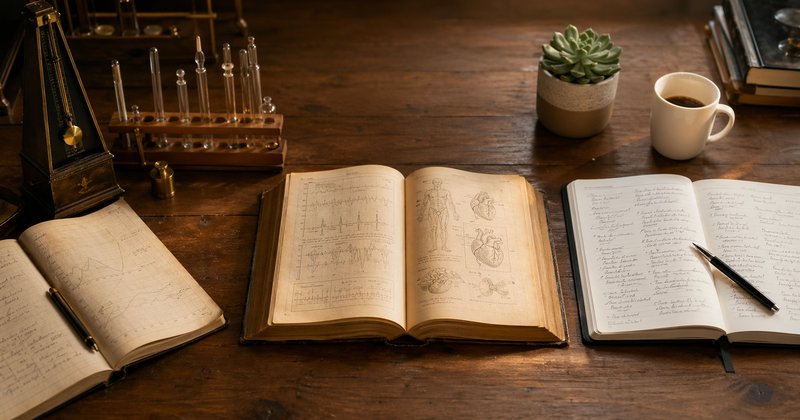 Mesa vista desde arriba dividida: izquierda instrumentos de laboratorio vintage, derecha cuaderno clínico moderno, al centro libro abierto como puente — traducción del laboratorio a la consulta