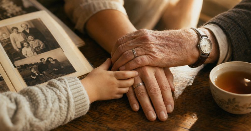 Tres manos entrelazadas sobre mesa de madera: niña, mujer adulta con anillo de plata, anciano con reloj vintage