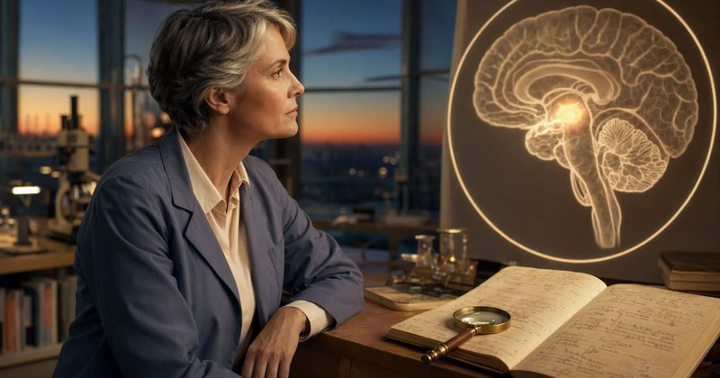 Neurocientífica en laboratorio al atardecer observa proyección luminosa del núcleo supraquiasmático