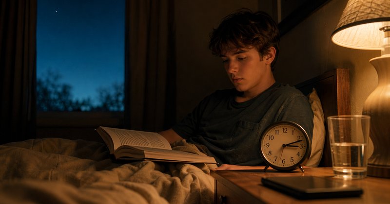 Adolescente despierto a las 3:12 AM con libro abierto, ventana mostrando cielo pre-amanecer