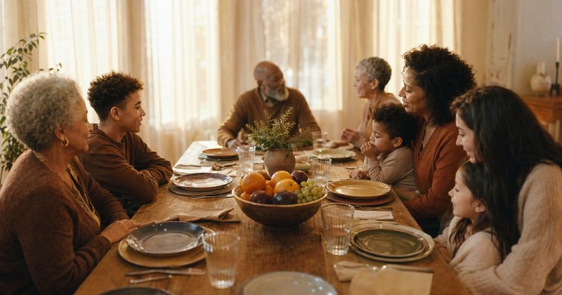 Mesa larga al atardecer con arreglos familiares diversos: pareja mayor, padre soltero, familia de dos madres