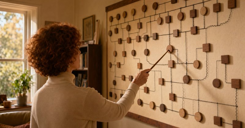 Terapeuta con suéter crema señala ficha de madera en genograma de pared con hilos de algodón negro