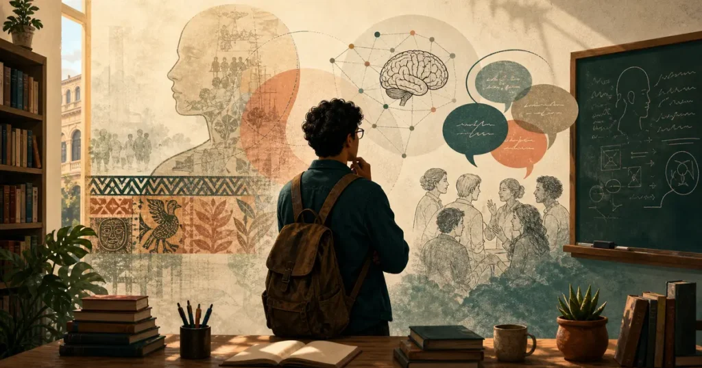 Estudiante universitario frente a capas visuales de cultura, cerebro, lenguaje y subjetividad como metáfora de antropología filosófica y psicología