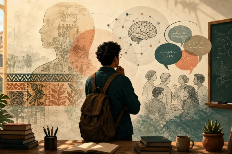 Estudiante universitario frente a capas visuales de cultura, cerebro, lenguaje y subjetividad como metáfora de antropología filosófica y psicología