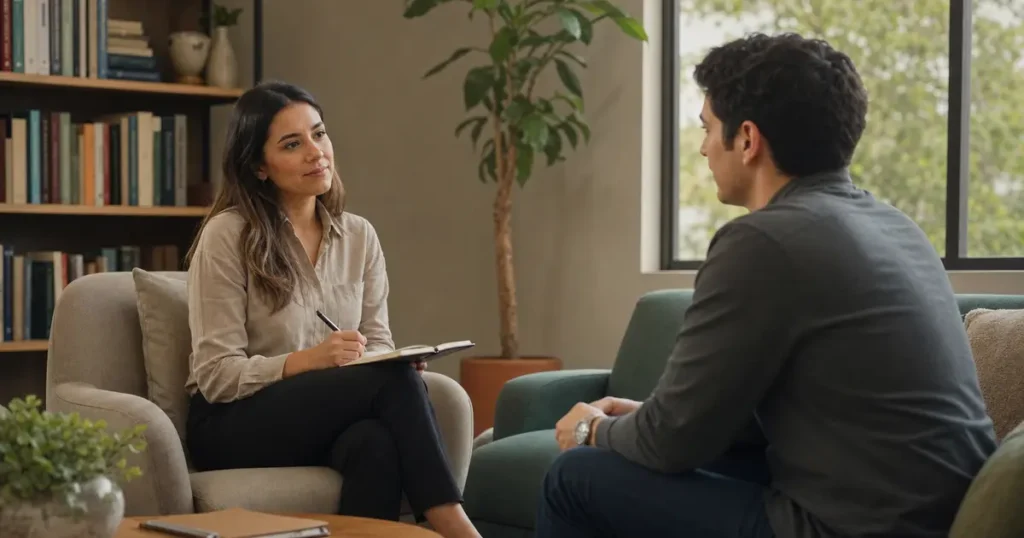 Psicoterapeuta escucha a un consultante en una sesión clínica sobria, representando alianza terapéutica y presencia profesional