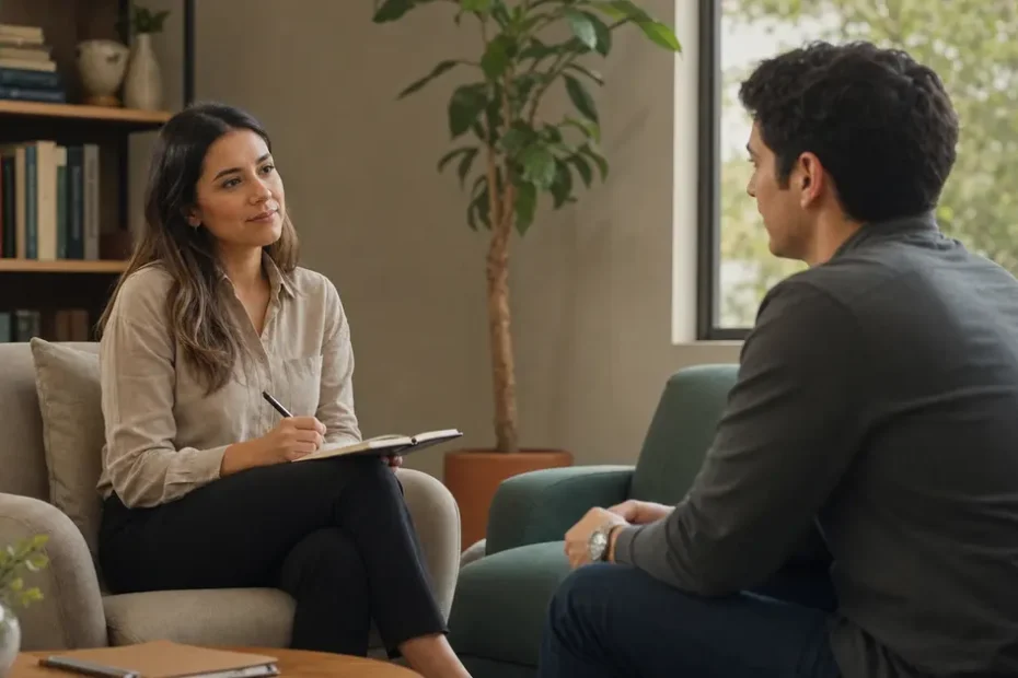 Psicoterapeuta escucha a un consultante en una sesión clínica sobria, representando alianza terapéutica y presencia profesional