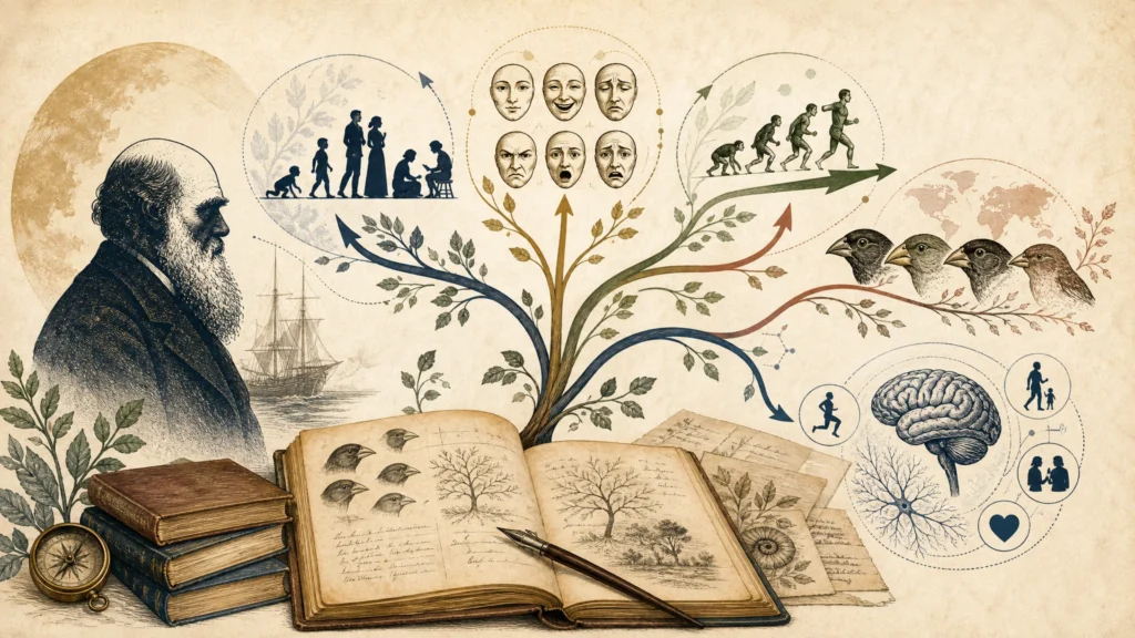 Árbol evolutivo conceptual que conecta a Charles Darwin con emoción, adaptación, conducta y psicología evolucionista