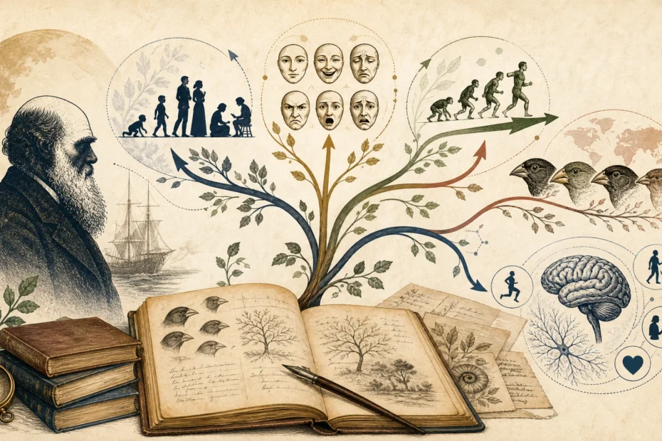 Árbol evolutivo conceptual que conecta a Charles Darwin con emoción, adaptación, conducta y psicología evolucionista