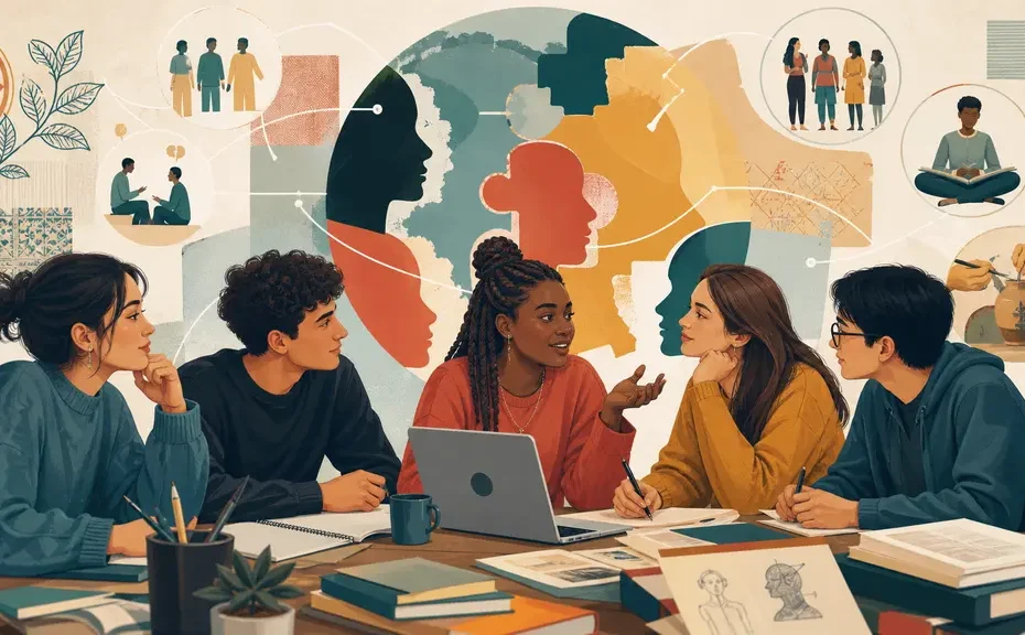 Ilustración educativa sobre cultura en psicología, identidad, normas y significados compartidos