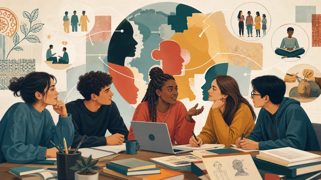 Ilustración educativa sobre cultura en psicología, identidad, normas y significados compartidos