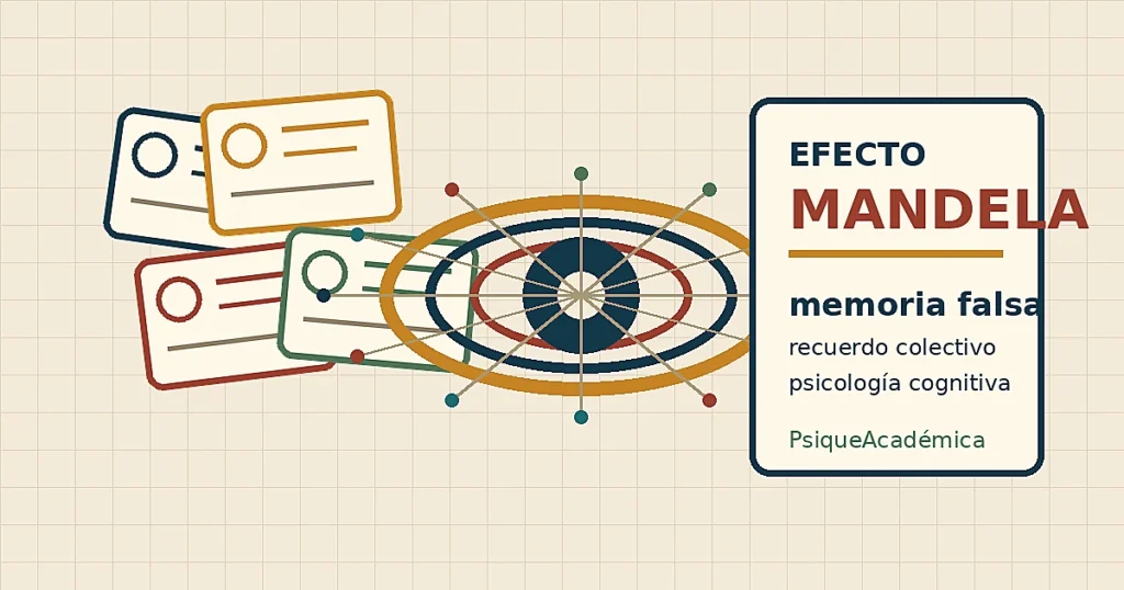 Ilustración educativa sobre efecto Mandela, memoria falsa y recuerdo colectivo