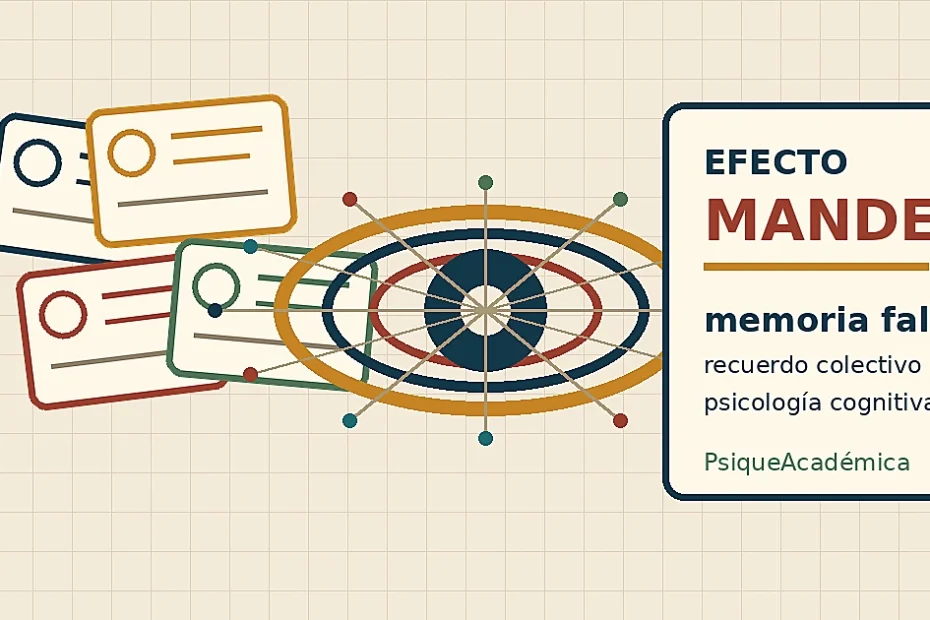 Ilustración educativa sobre efecto Mandela, memoria falsa y recuerdo colectivo