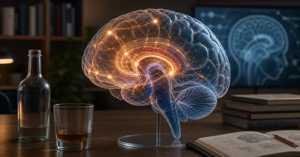 Modelo de cerebro con circuitos iluminados junto a una copa, como metáfora educativa de los efectos del alcohol en memoria, juicio y recompensa