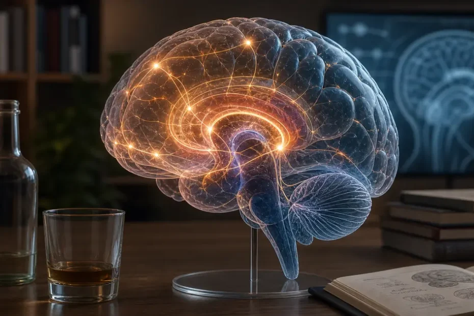 Modelo de cerebro con circuitos iluminados junto a una copa, como metáfora educativa de los efectos del alcohol en memoria, juicio y recompensa