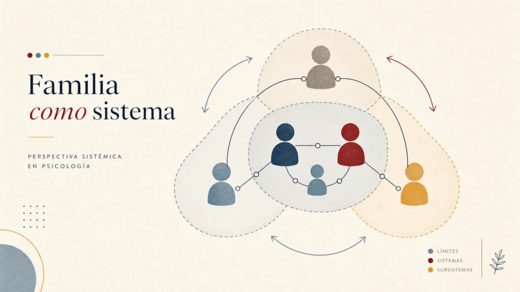 Red familiar como sistema con nodos, límites y flechas circulares que representan relaciones en terapia sistémica