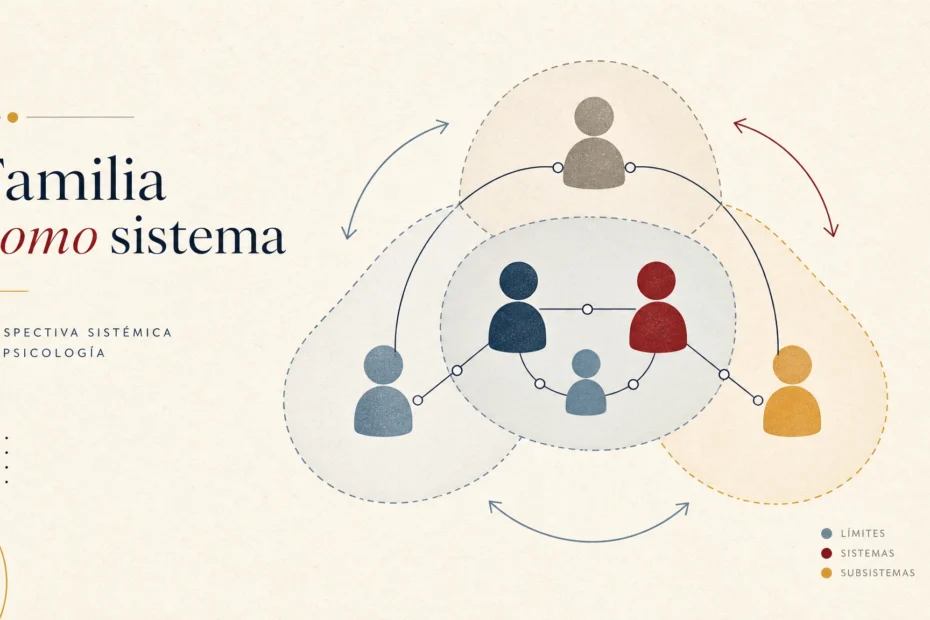 Red familiar como sistema con nodos, límites y flechas circulares que representan relaciones en terapia sistémica