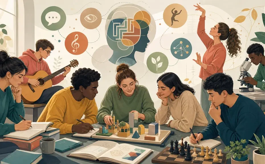 Ilustración educativa sobre inteligencias múltiples de Gardner y diversidad de formas de aprendizaje