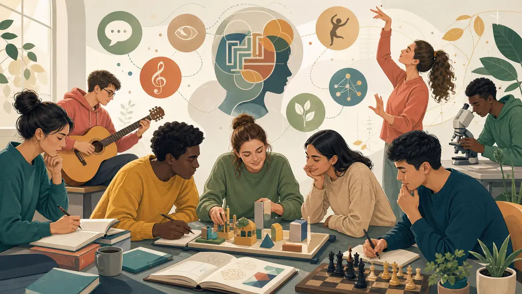 Ilustración educativa sobre inteligencias múltiples de Gardner y diversidad de formas de aprendizaje