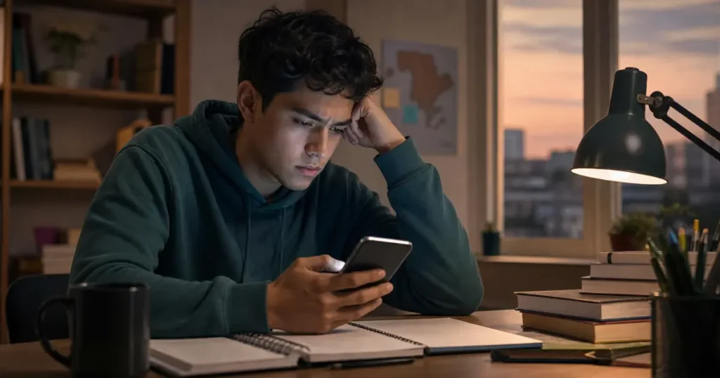 Estudiante universitario mirando un celular con ansiedad leve, como metáfora de nomofobia y desconexión