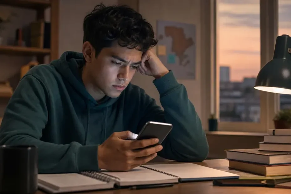 Estudiante universitario mirando un celular con ansiedad leve, como metáfora de nomofobia y desconexión
