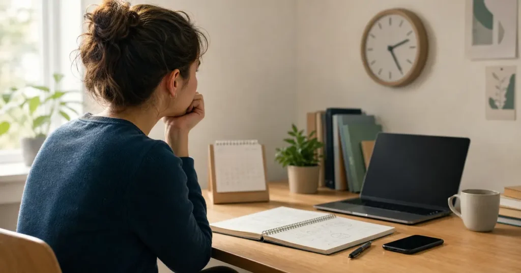 Estudiante frente a una tarea pendiente, como metáfora de procrastinación, autorregulación y motivación