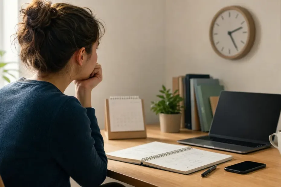 Estudiante frente a una tarea pendiente, como metáfora de procrastinación, autorregulación y motivación