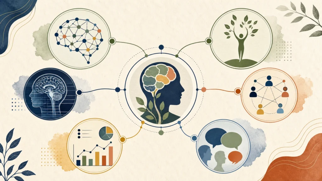 Mapa conceptual de psicología moderna con cerebro, cognición, relación sistémica, crecimiento humano, evidencia y contexto social
