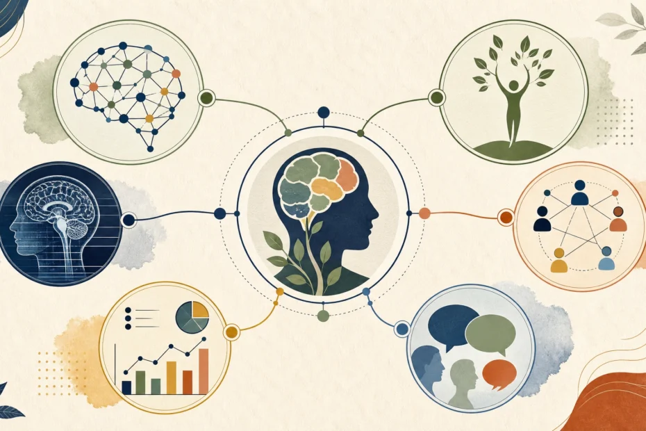 Mapa conceptual de psicología moderna con cerebro, cognición, relación sistémica, crecimiento humano, evidencia y contexto social