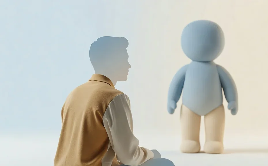Ilustración conceptual de la teoría del aprendizaje social de Bandura: silueta de figura humana observando un muñeco inflable Bobo, paleta sobria académica
