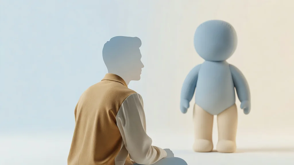 Ilustración conceptual de la teoría del aprendizaje social de Bandura: silueta de figura humana observando un muñeco inflable Bobo, paleta sobria académica