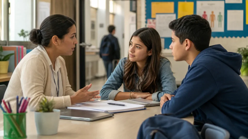 Orientadora escolar conversa con dos adolescentes en una escena de apoyo y prevencion del bullying