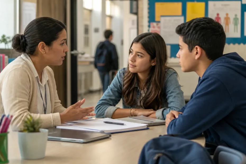 Orientadora escolar conversa con dos adolescentes en una escena de apoyo y prevencion del bullying