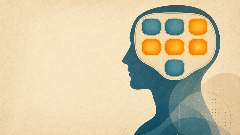 Ilustración editorial de la teoría de la carga cognitiva de John Sweller: silueta humana con slots de memoria de trabajo, cuatro saturados en ámbar y tres despejados en teal