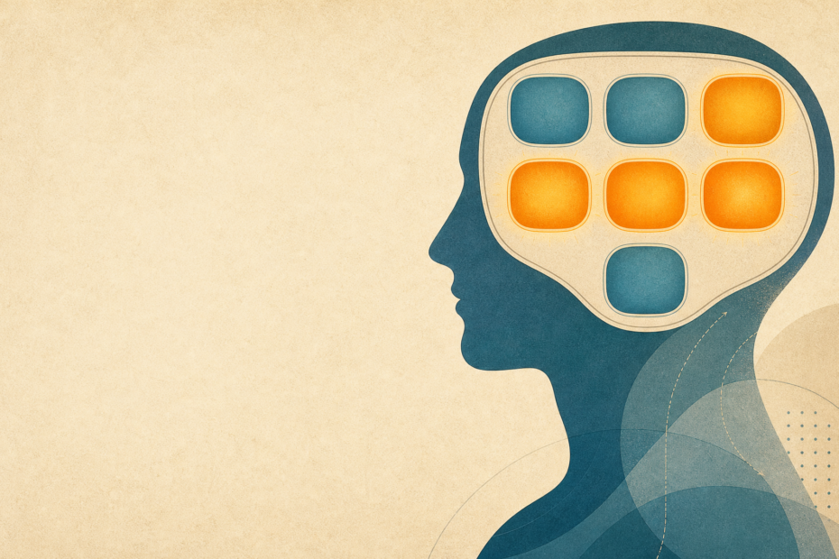 Ilustración editorial de la teoría de la carga cognitiva de John Sweller: silueta humana con slots de memoria de trabajo, cuatro saturados en ámbar y tres despejados en teal