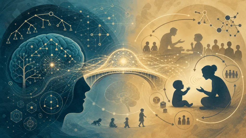 Infografía conceptual del debate Chomsky vs Skinner sobre el lenguaje innato y aprendido, con el puente que la neurociencia moderna construyó entre ambos